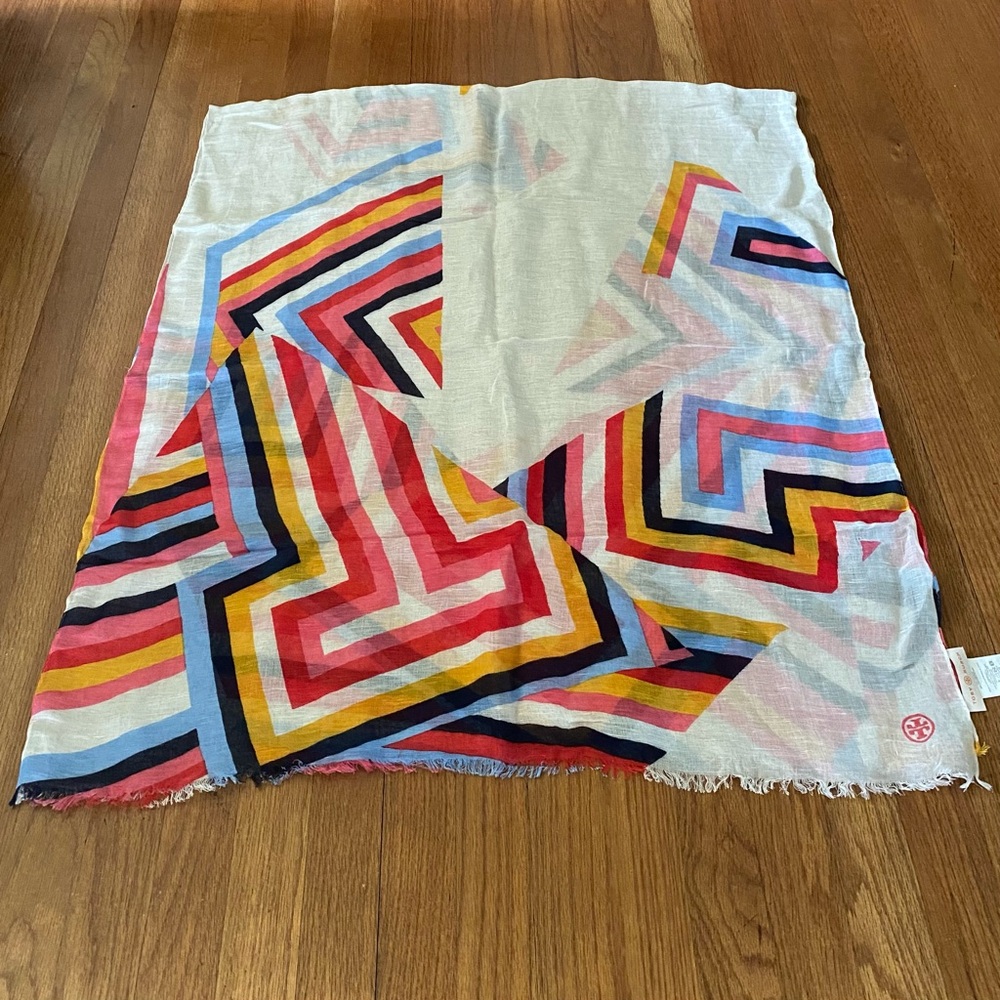 Tory Burch White Scarf with Multicolor Geometric Chevron Print - Picture 1 of 5